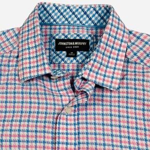 Johnston & Murphy Button Up Shirt Mens Medium Pink‎ Blue Gingham Seersucker